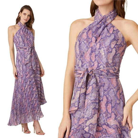 SHOSHANNA Roya Dress 10 Lavender Purple Snake Print Midi Pleated Chiffon Wedding - Picture 1 of 10